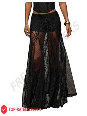 Sexy Sheer Lace Maxi Skirt See Through Low Waist A-Line Skirt